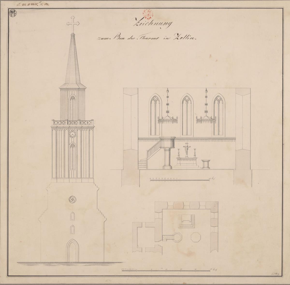 Zellin. Entwurf zu einem Kirchturm. Vorderansicht des Turmes, Teile des Profils und Grundriss der Kirche