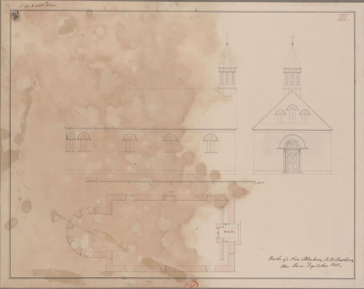 Neuastenberg bei Winterberg. Entwurf zur katholischen Kirche. Grundriss, Seiten-, Vorderansicht