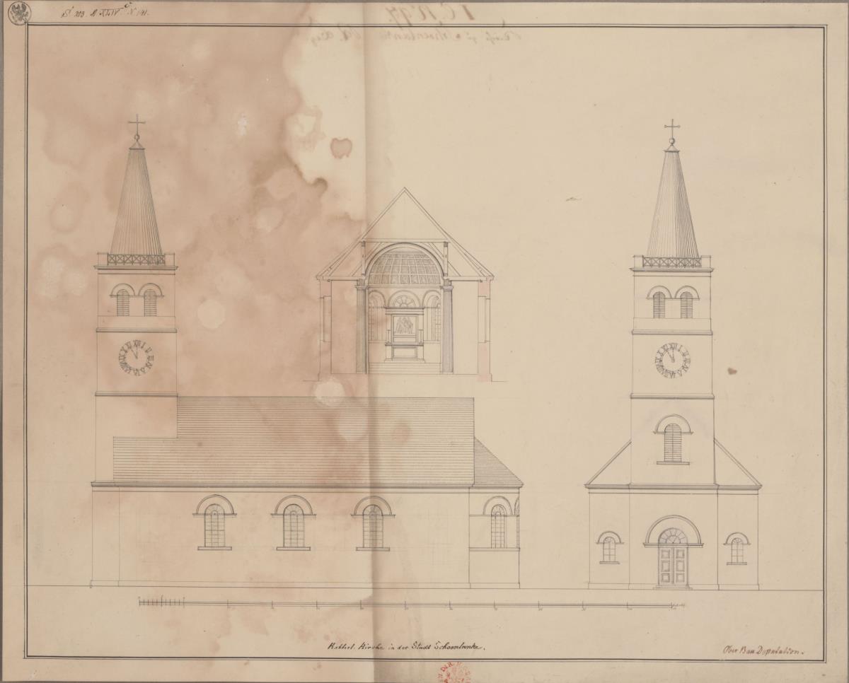 Schönlanke (Trzcianka), ehemals Kreis Czarnikau, Regierungsbezirk Bromberg (Województwo Wielkopolskie). Entwurf zur katholischen Kirche. Querprofil, Seiten- und Vorderansicht