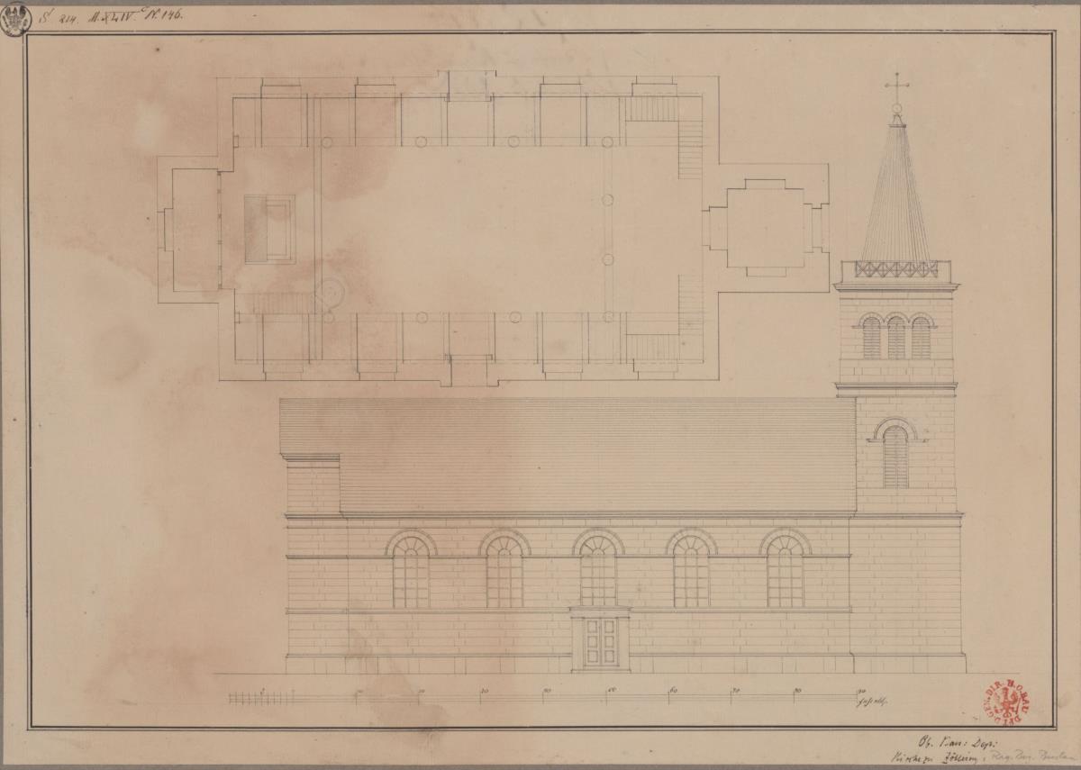 Klein-Zöllnig (Solniki Małe, Oels, Schlesien). Entwurf zum Neubau der katholischen Kirche. Grundriss und Aufriss der Längsseite