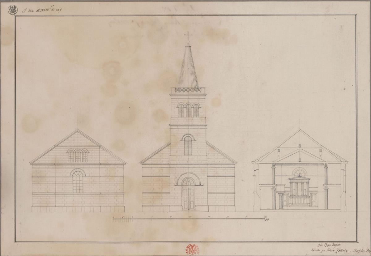 Klein-Zöllnig (Solniki Małe, Oels, Schlesien). Entwurf zum Neubau der katholischen Kirche. Querschnitt, Aufrisse