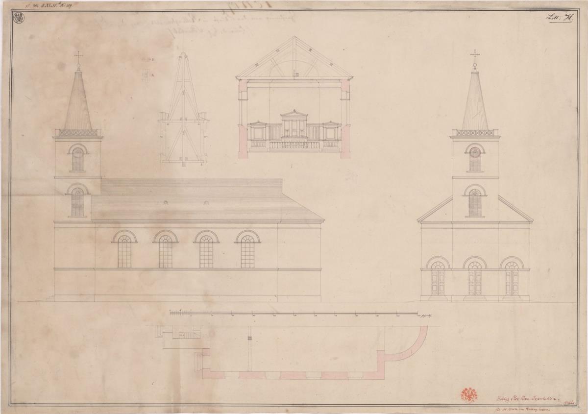 Essen, Rellinghausen. Entwurf zur katholischen Pfarrkirche St. Lambertus. Ansichten und Querprofil
