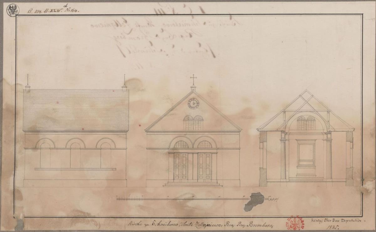 Schmilowo (Śmiłowo), ehemals Kreis Chodziesen, Regierungsbezirk Bromberg (Województwo Wielkopolskie). Entwurf zur katholischen Kirche. Querprofil, Vorder- und Seitenansicht