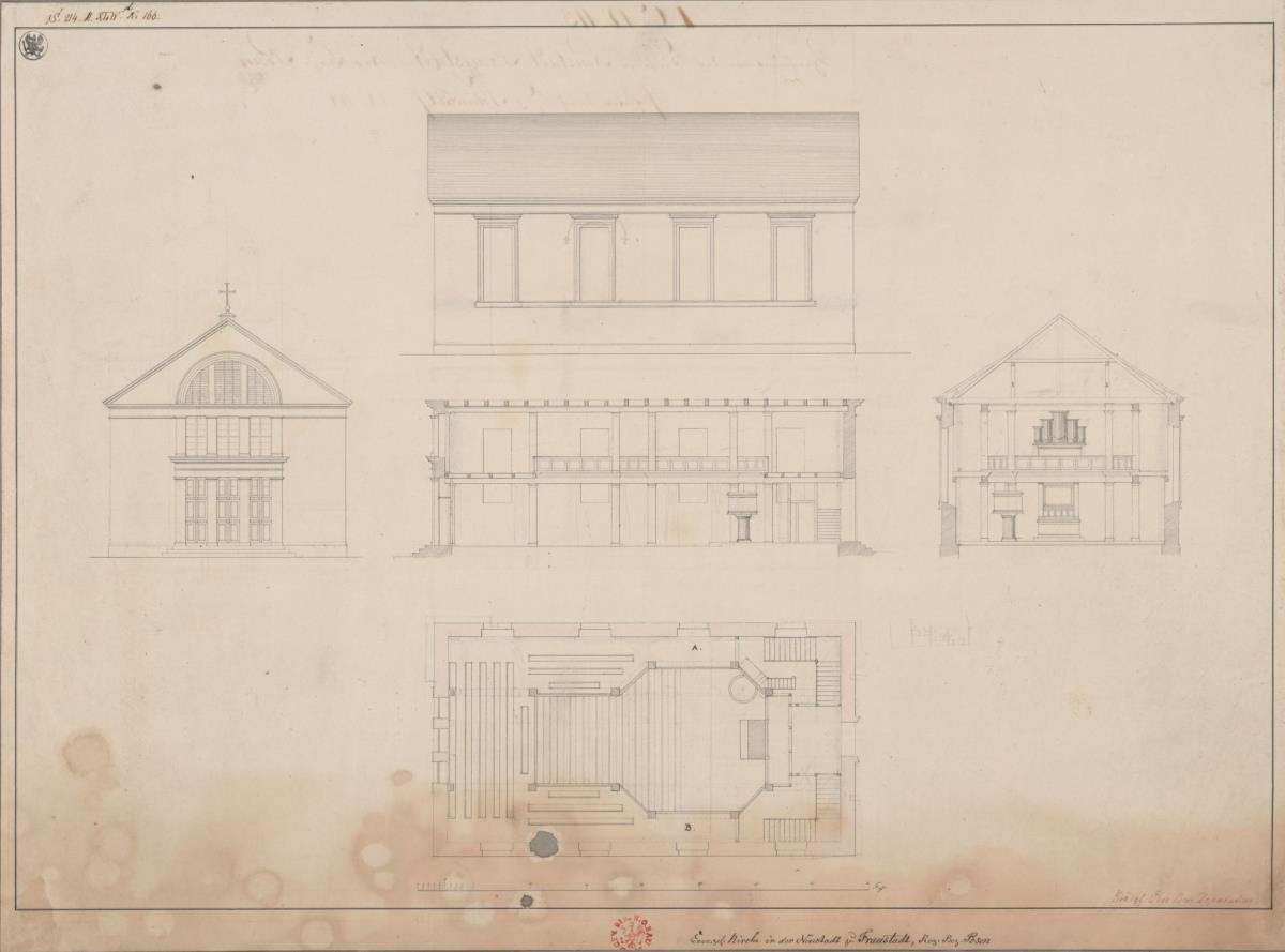 Fraustadt. Kirche in der Neustadt. Grundriss, Vorderansicht,  Seitenansicht, Längs- und Querprofil