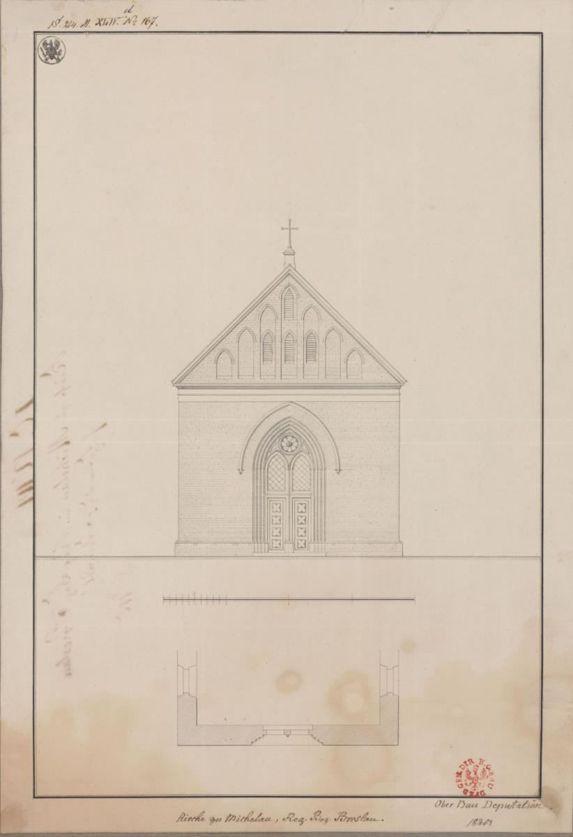 Michelau, ehemals Kreis Brieg, Regierungsbezirk Breslau (Województwo Opolskie). Entwurf zu einer Kirche. Vorderansicht und Teil des Grundrisses