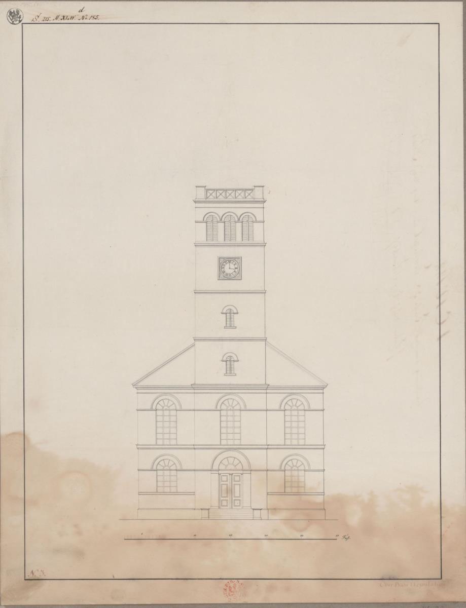 Schmiegel (Śmigiel, Regierungsbezirk Posen). Entwurf zur evangelischen Kirche. Aufriss der Westseite