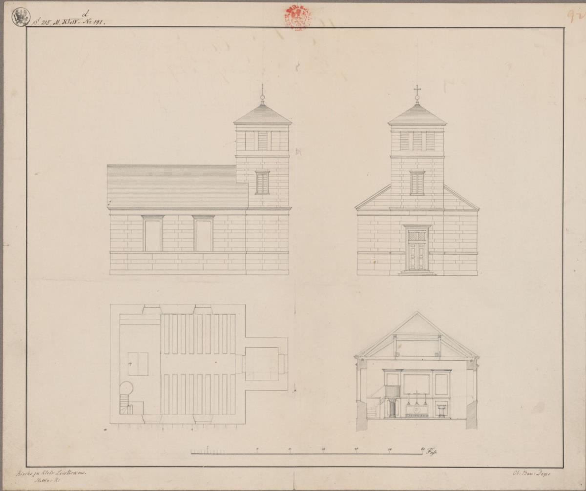 Klein Leistikow (Lestkowo), ehemals Kreis Naugard, Regierungsbezirk Stettin (Województwo Zachodniopomorskie). Entwurf zu einer Kirche. Grundriss, Querprofil, Vorder- und Seitenansicht