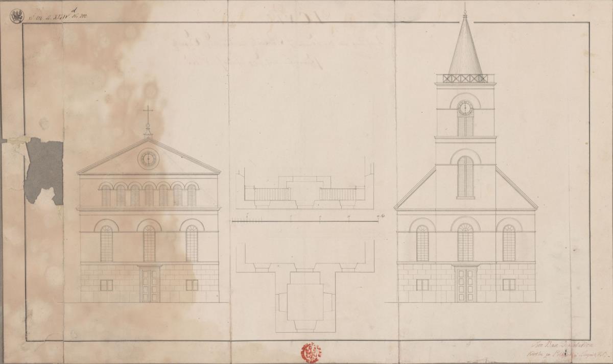 Heerwege (ehemals Polkwitz (Polkowice), Kreis Glogau, Schlesien). Entwurf zu einer Kirche. Aufriss der Turm- und der Chorseite, Grundriss