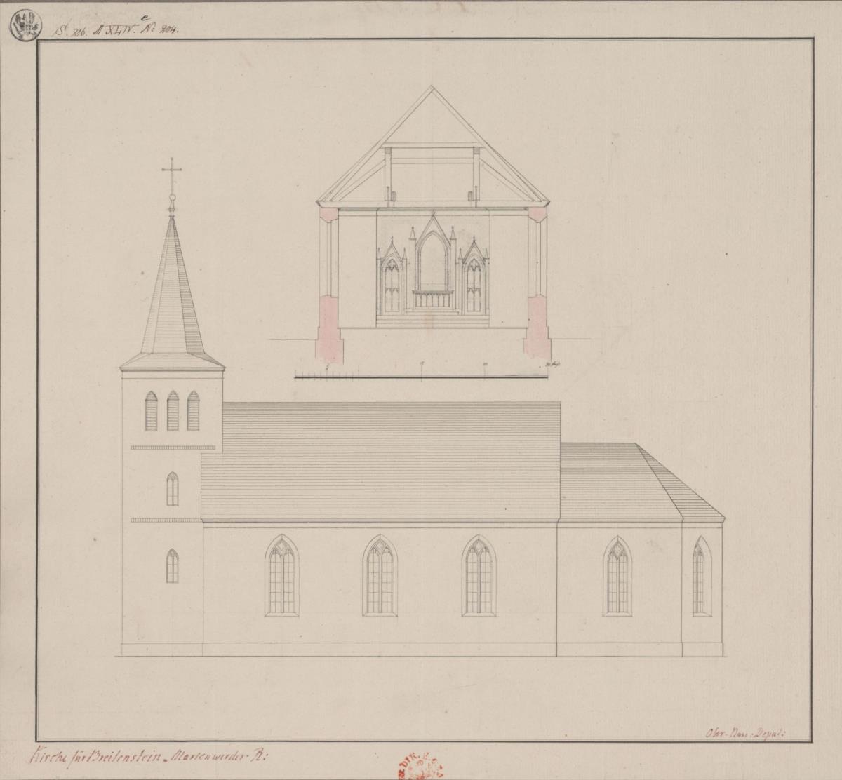 Breitenstein (Dobino), ehemals Kreis Deutsch Krone, Regierungsbezirk Marienwerder (Województwo Kujawski-Pomorskie). Entwurf zur katholischen Kirche. Seitenansicht und Querschnitt zum Chor