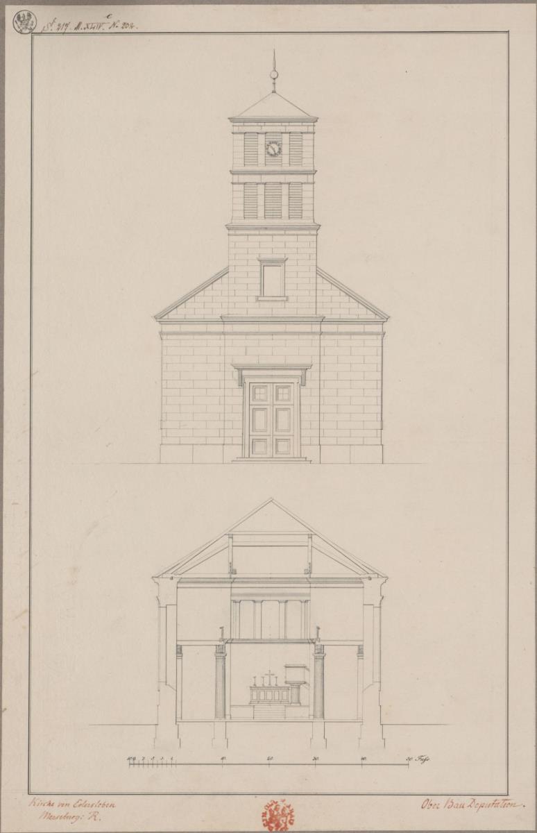 Edersleben. Entwurf zur evangelischen St.-Bartholomäus-Kirche. Aufriss der Turmfront und Querschnitt