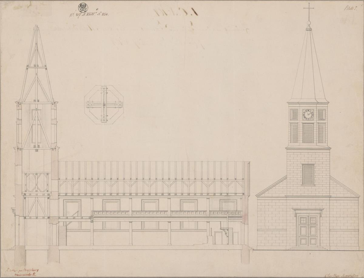 Strasburg (Brodnica), ehemals Regierungsbezirk Marienwerder (Województwo Kujawsko-Pomorskie). Entwurf zur evangelischen Kirche. Vorder- und Seitenansicht