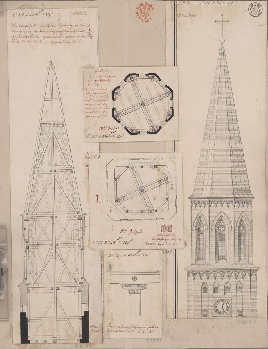 Züllichau (Sulechów). Entwurf zur Wiederherstellung der Stadtkirche. Turmaufriss, Schnitt, Grundriss