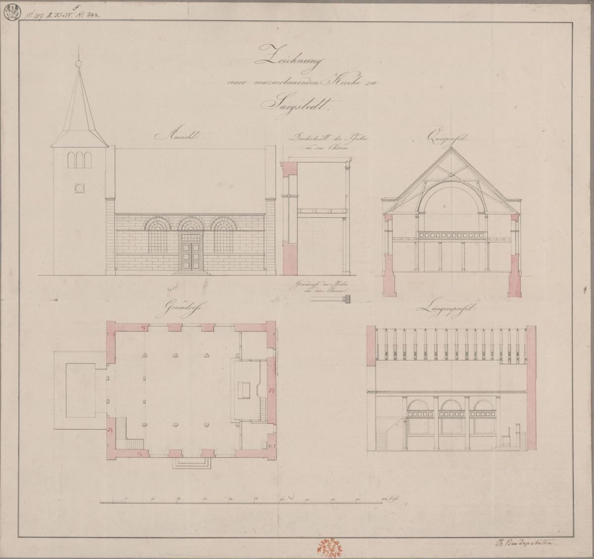 Halberstadt, Sargstedt. Entwurf zur Kirche. Grundriss, Seitenansicht, Quer- und Längenprofil und Details der Emporen
