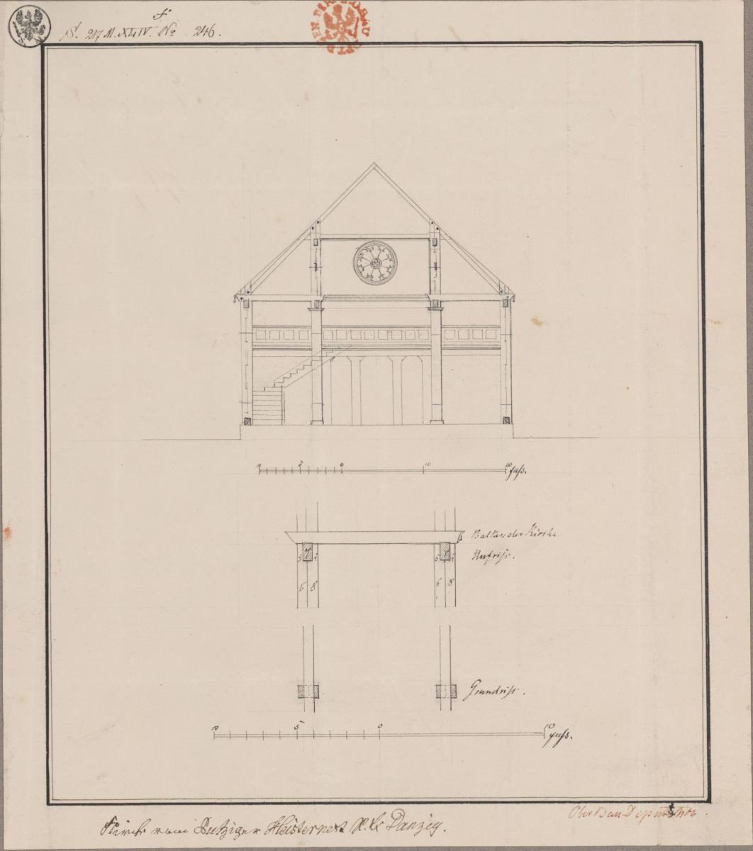 Putziger Heisternest (Jastarnia), ehemals Kreis Neustadt, Regierungsbezirk Danzig (Województwo Pomorskie). Entwurf zur katholischen Kirche. Querprofil und Details der Balkenanlage