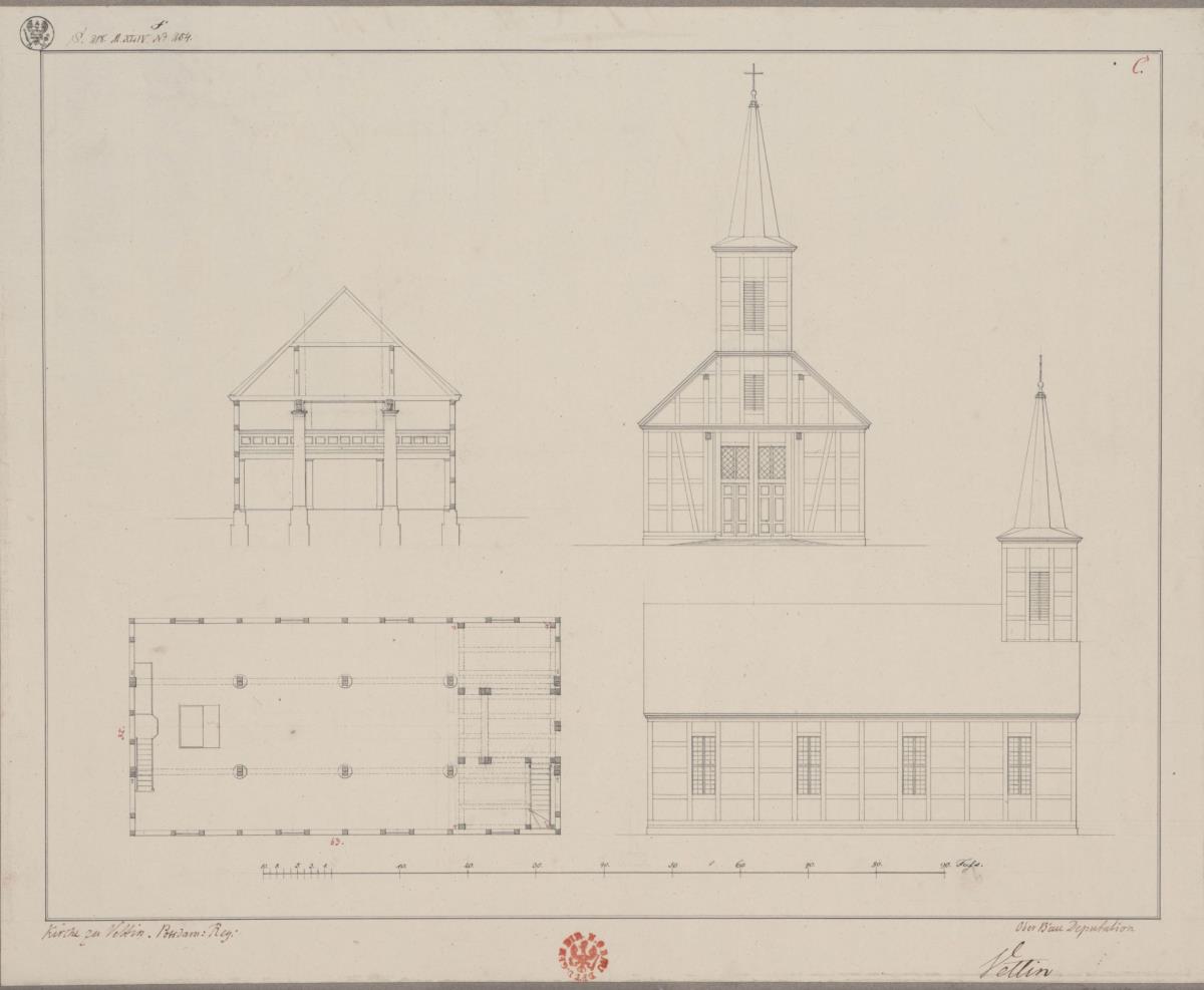 Vettin (Groß Pankow (Prigtz)). Entwurf zu einer Kirche. Grundriss, Querprofil, Seiten- und Vorderansicht