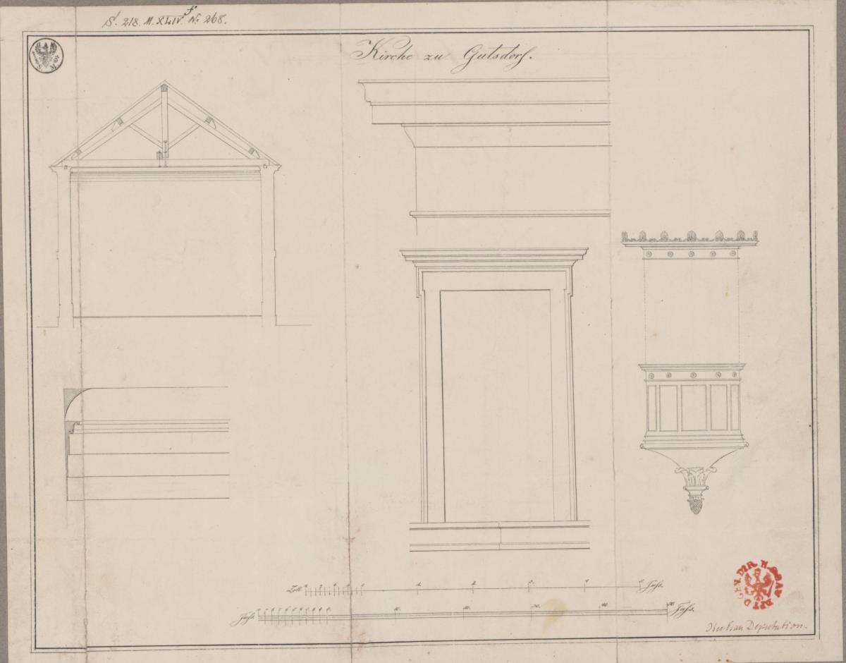 Gutsdorf (Cybowo), ehemal Kreis Dramburg, Regierungsbezirk Köslin (Województwo Zachodniopomorskie). Entwurf zu einer Kirche. Details