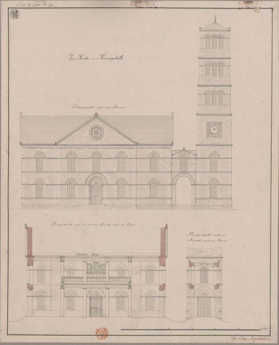 Königshütte (Chorzów, Regierungsbezirk Oppeln). Entwurf zur Elisabethkirche. Aufriss der Seitenfront, Quersschnitt und Turmquerschnitt