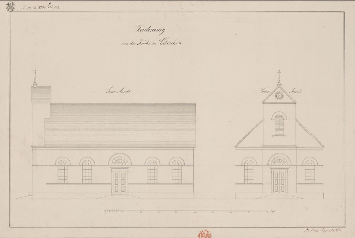 Labischin, ehemals Regierunsgbezirk Bromberg  (Województwo Kujawsko-Pomorskie). Entwurf zu evangelischen Kirche. Seiten- und Vorderansicht