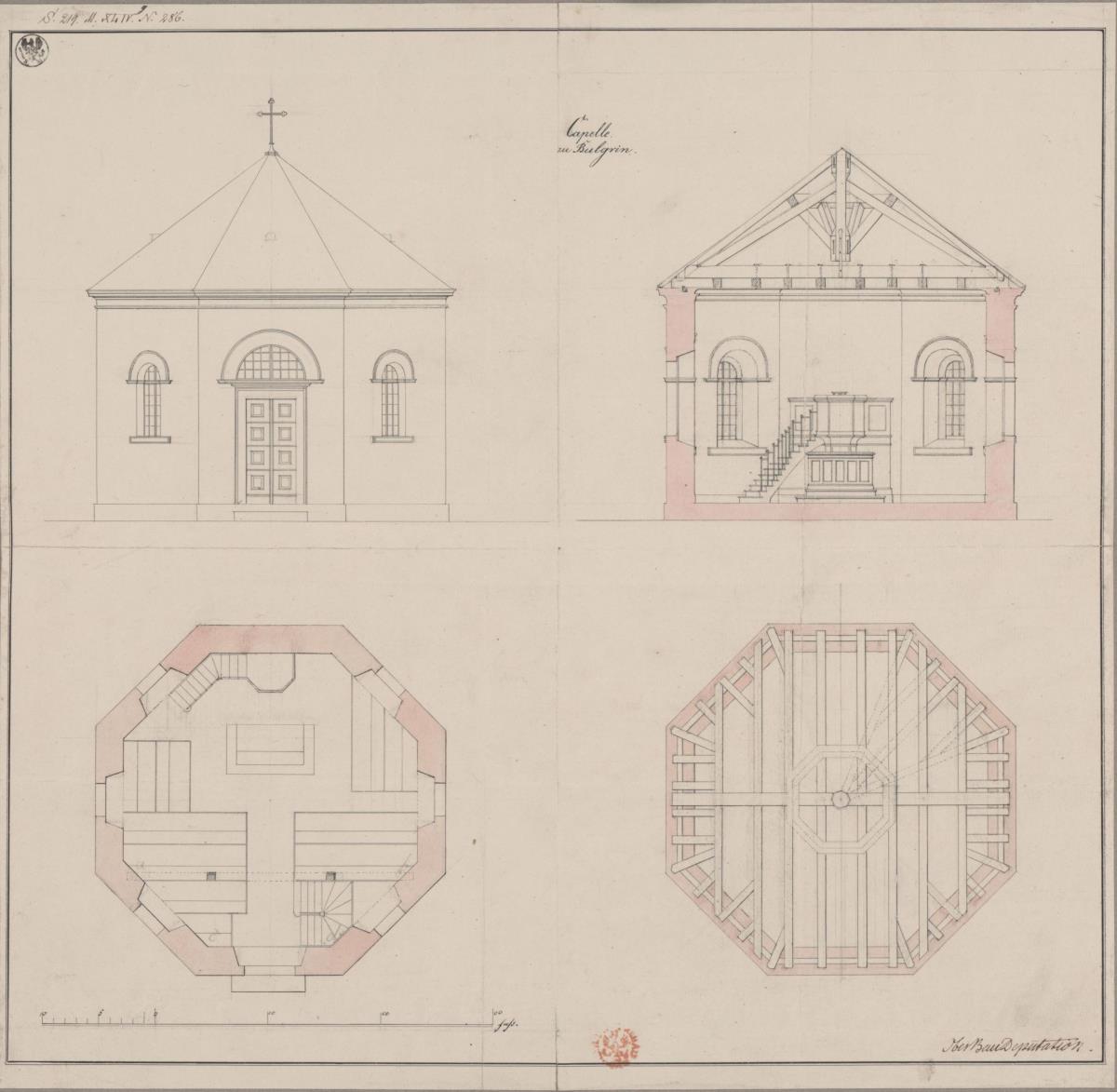 Bulgrin (Białogórzyno), ehemals Kreis Belgard, Regierungsbezirk Köslin (Województwo Zachodniopomorskie). Entwurf zu einer Kirche. Grundrisse, Ansicht und Durchschnitt