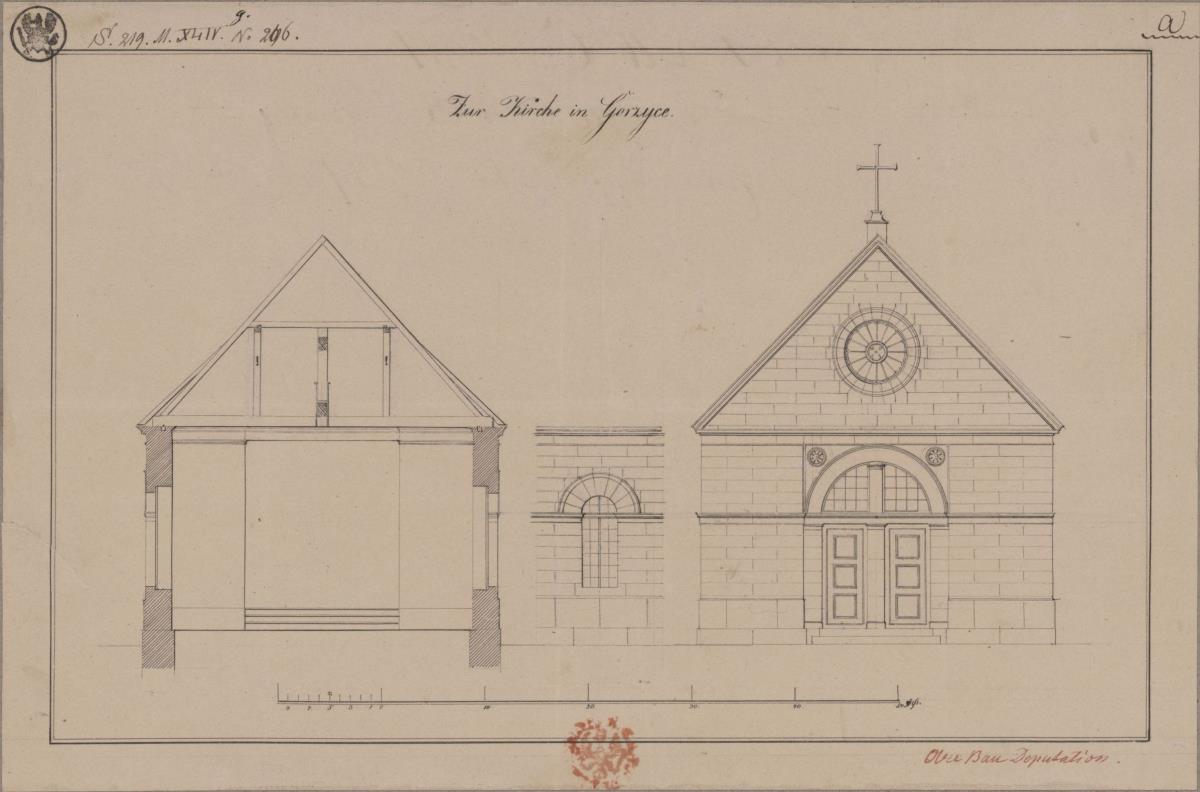 Gorzyce, ehemals Kreis Wongrowiec, Regierungsbezirk Bromberg (Województwo Wielkopolskie). Entwurf zu einer Kirche. Vorderansicht, Profil und Fenster