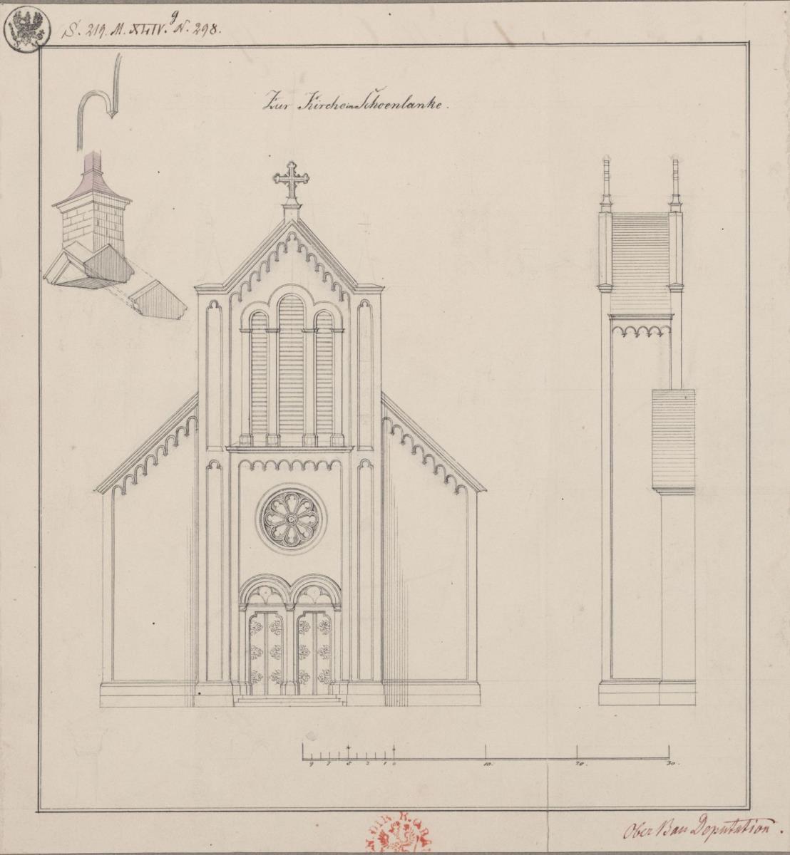 Schönlanke (Trzcianka), ehemals Kreis Czarnikau, Regierungsbezirk Bromberg (Województwo Wielkopolskie). Gegenentwurf zur katholischen Kirche. Ansicht und Details