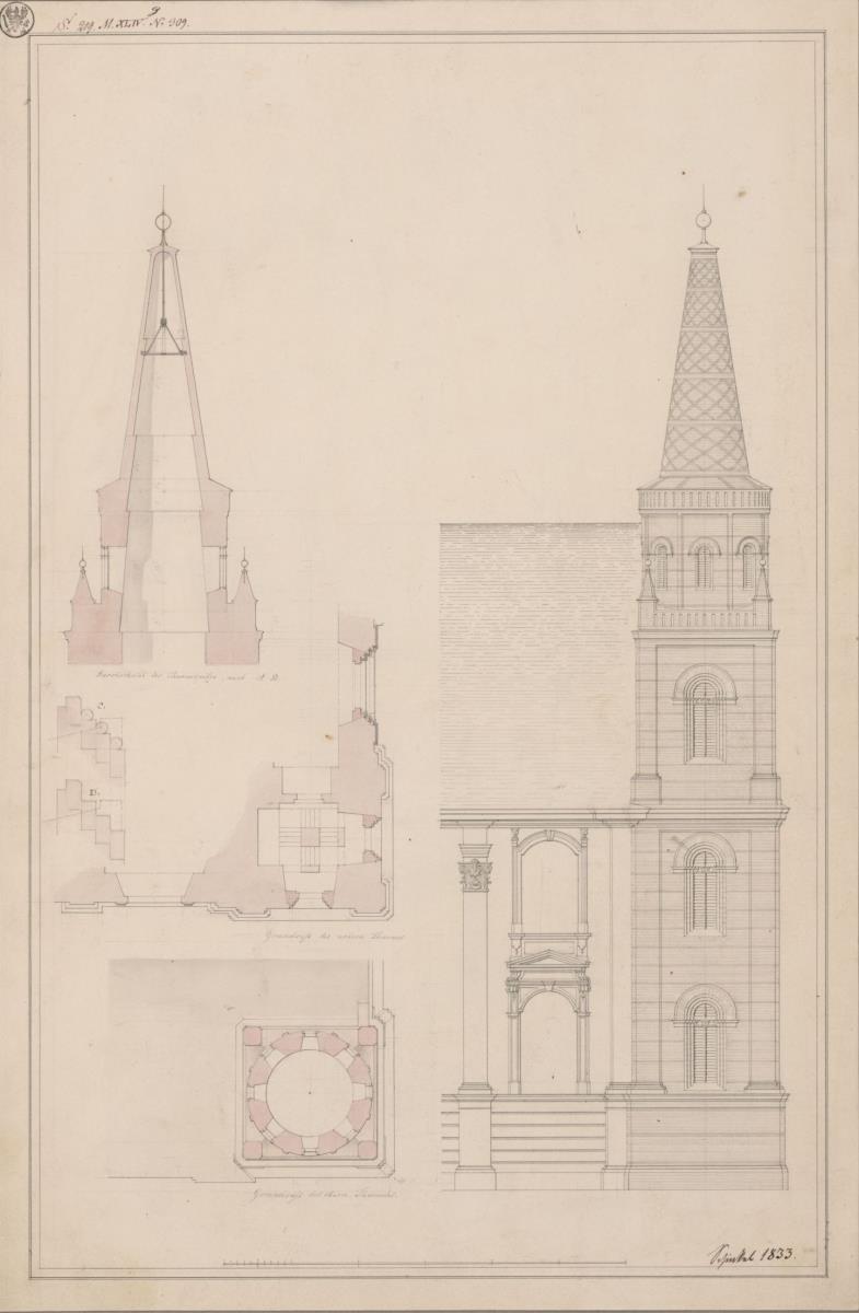 Brieg (Brzeg, Regierungsbezirk Breslau). Entwurf zum Turmausbau der Kreuzkirche. Teilaufriss der Seitenfront, Grundrisse eines der Türme und Schnitt der Turmspitze