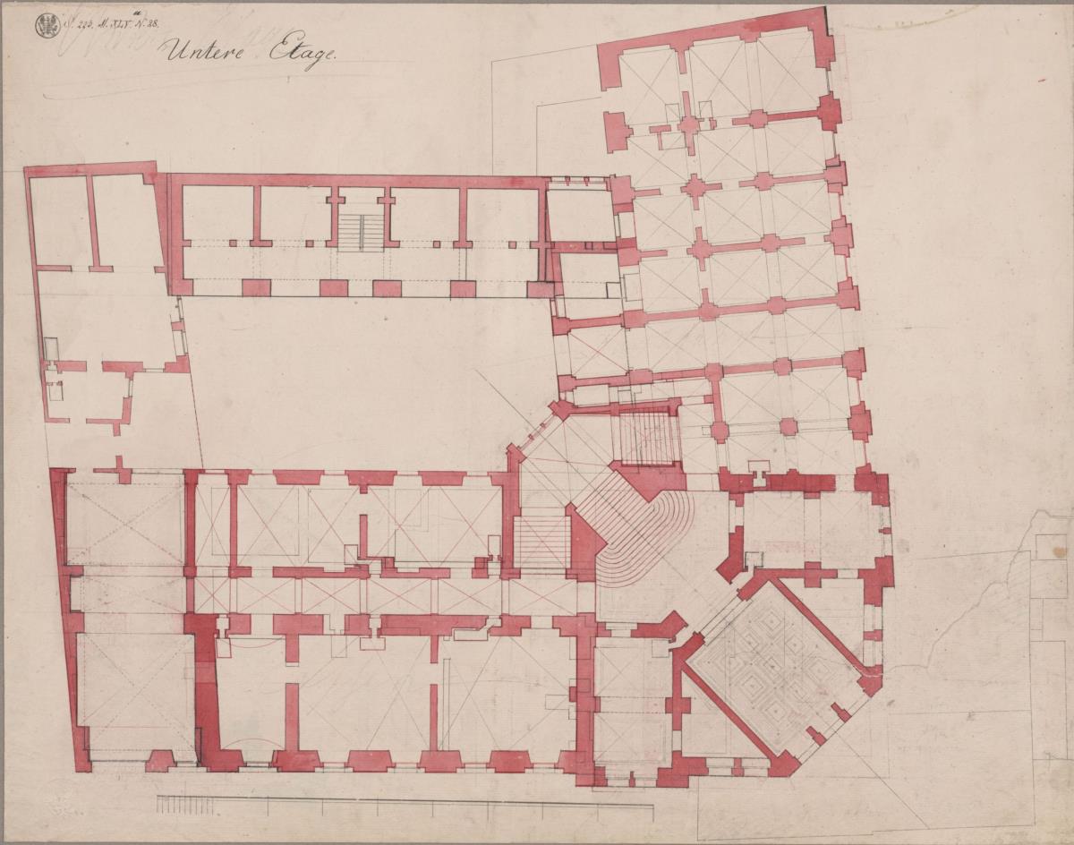Berlin. Rathaus. Entwurf der Ecklösung mit zwei Flankentürmen. Grundriss des Erdgeschosses