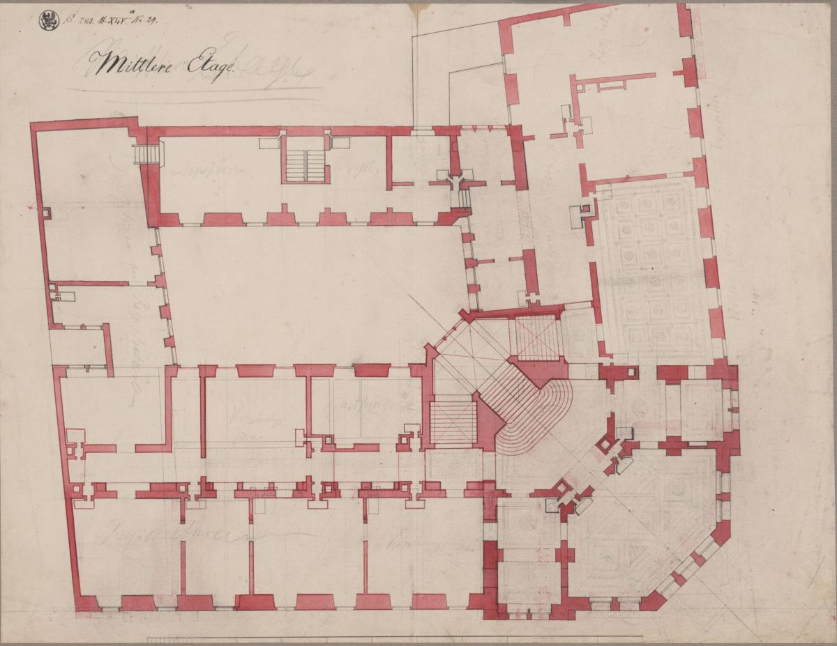 Berlin. Rathaus. Entwurf der Ecklösung mit zwei Flankentürmen. Grundriss des Mittelgeschosses