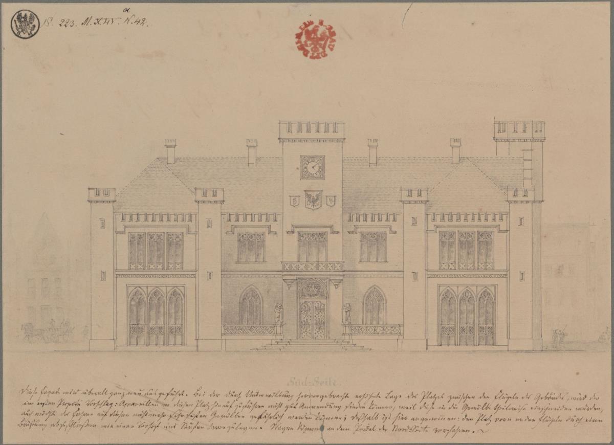 Kolberg (Kołobrzeg). Ausführungsentwurf zum Rathaus. Aufriss der Südseite