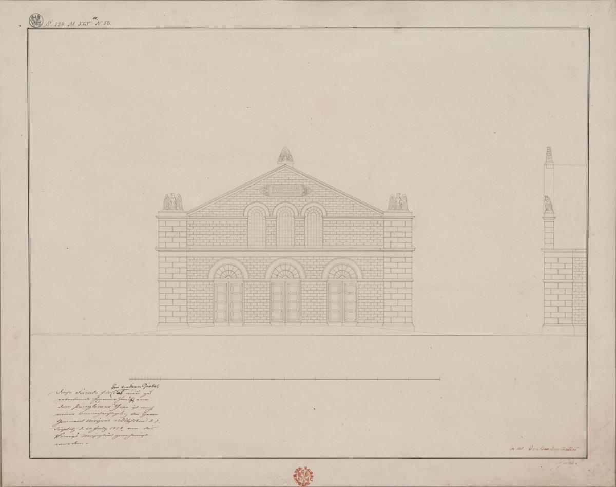 Berlin. Entwurf zum Exerzierhaus für das Kaiser Alexander Garde-Grenadier-Regiment vor dem Prenzlauer Tor. Vorder- und Seitenaufriss des Giebels