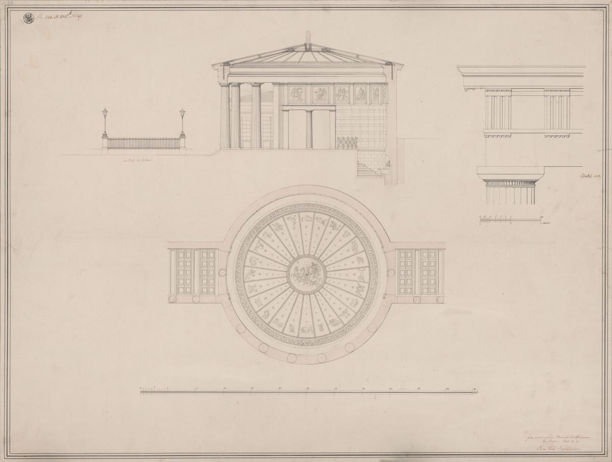 Aachen. Entwurf zum Elisenbrunnen. Querschnitt, Untersicht der Decke und Details zum Gebälk und Gitter