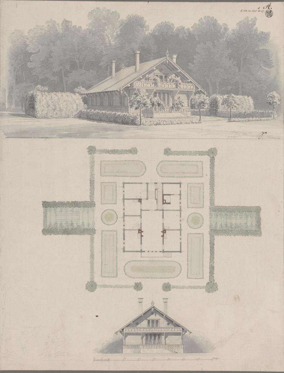 Rügen. Gasthaus am Stubbenkammer. Perspektivische Ansicht, Grundriss und Giebelansicht