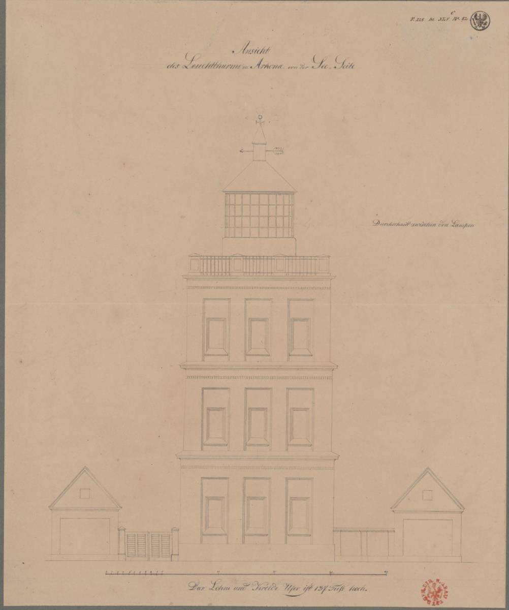 Rügen. Leuchtturm am Kap Arkona. Aufriss von der Seeseite