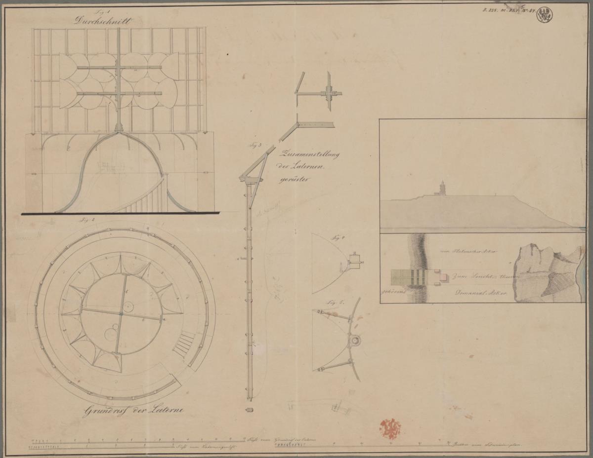 Rügen. Leuchtturm am Kap Arkona. Situationsplan, Grundriss und Details der Laterne und Laternengerüst