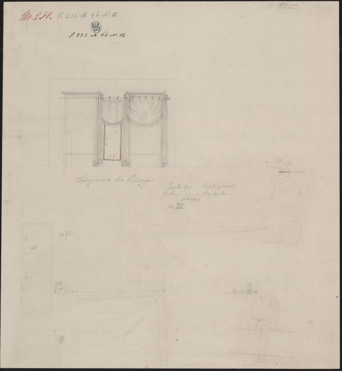 Berlin, Wilhelmstraße 102. Palais des Prinzen Albrecht von Preußen. Entwurf zum Wohn- und Arbeitszimmer