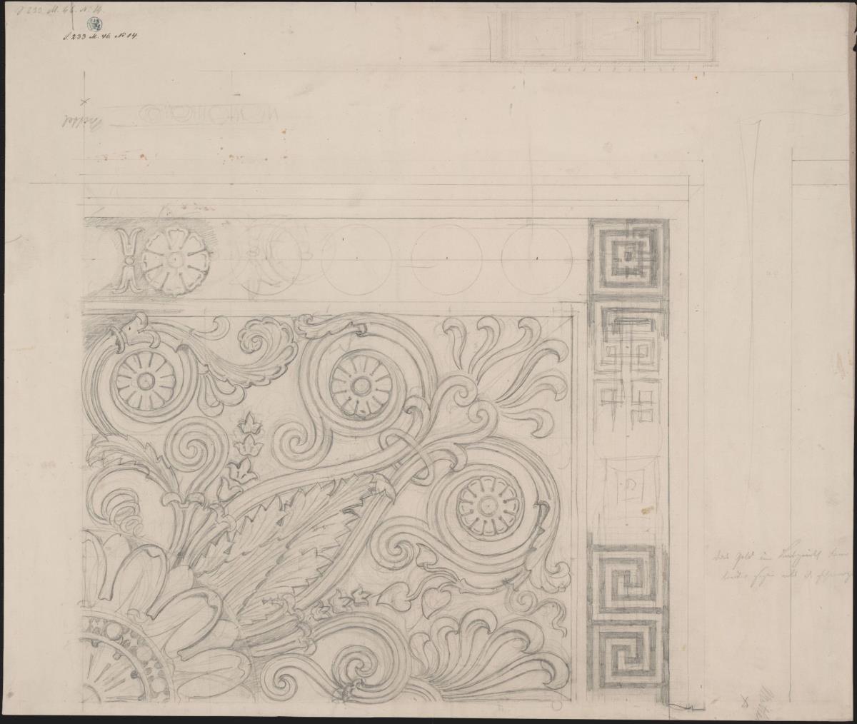 Berlin, Wilhelmplatz. Palais des Prinzen Karl von Preußen, Entwurf zum Tanzsaal. Detail und Grundriss der Musiktribüne