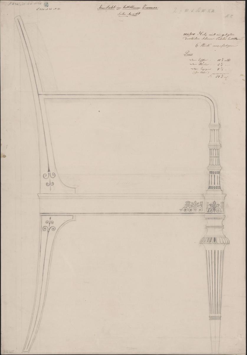 Berlin, Unter den Linden 37. Generalkommando, Wohnung des Prinzen Wilhelm von Preußen, Hellblaues Zimmer. Entwurf zu einem Armlehnstuhl