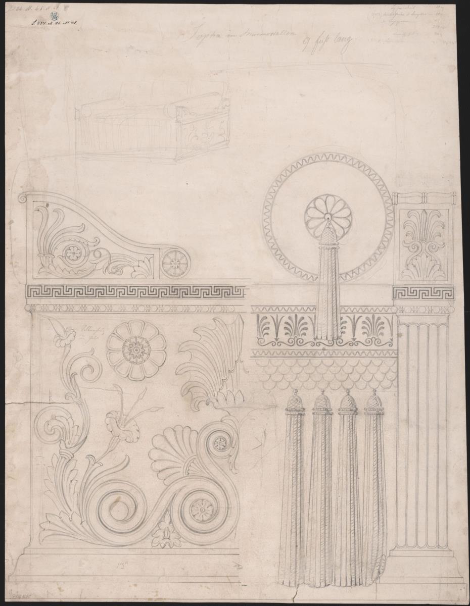 Berlin, Wilhelmplatz. Palais des Prinzen Karl von Preußen, Marmorsaal. Entwurf zum Sofa