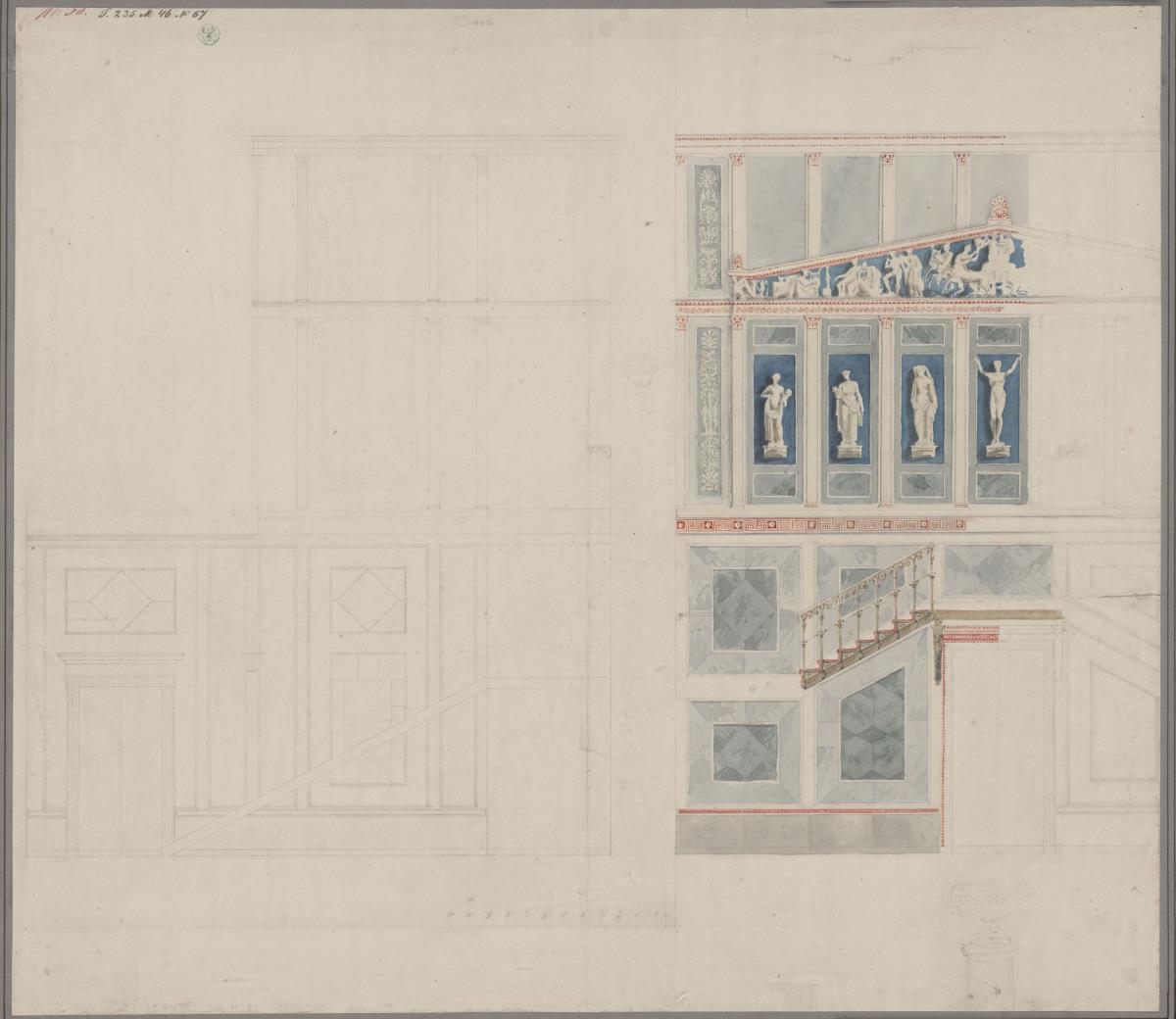 Berlin, Wilhelmstraße 102. Palais des Prinzen Albrecht von Preußen. Entwurf zum Treppenhaus