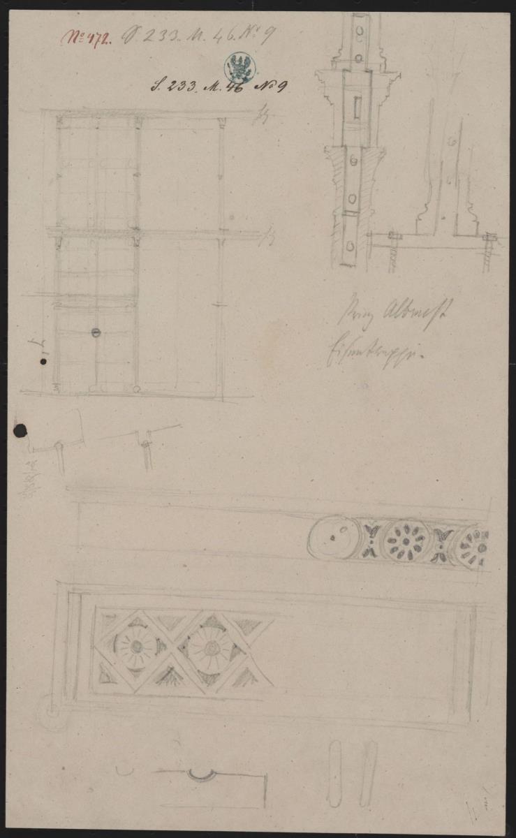 Berlin, Wilhelmstraße 102. Palais des Prinzen Albrecht von Preußen. Entwurf zur Eisentreppe