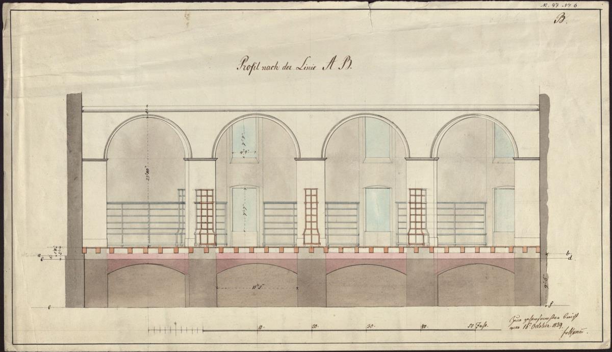 Gebäudequerschnitt. Bibliothek (?). Aufstellung von Regalen