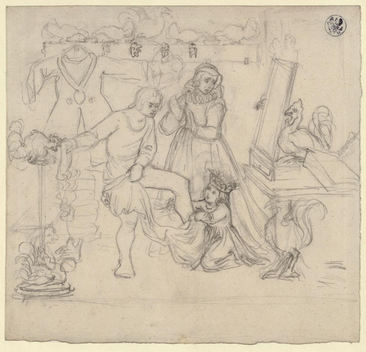 Illustrationsentwurf zu Clemens Brentanos Märchen "Gockel, Hinkel und Gackeleia"