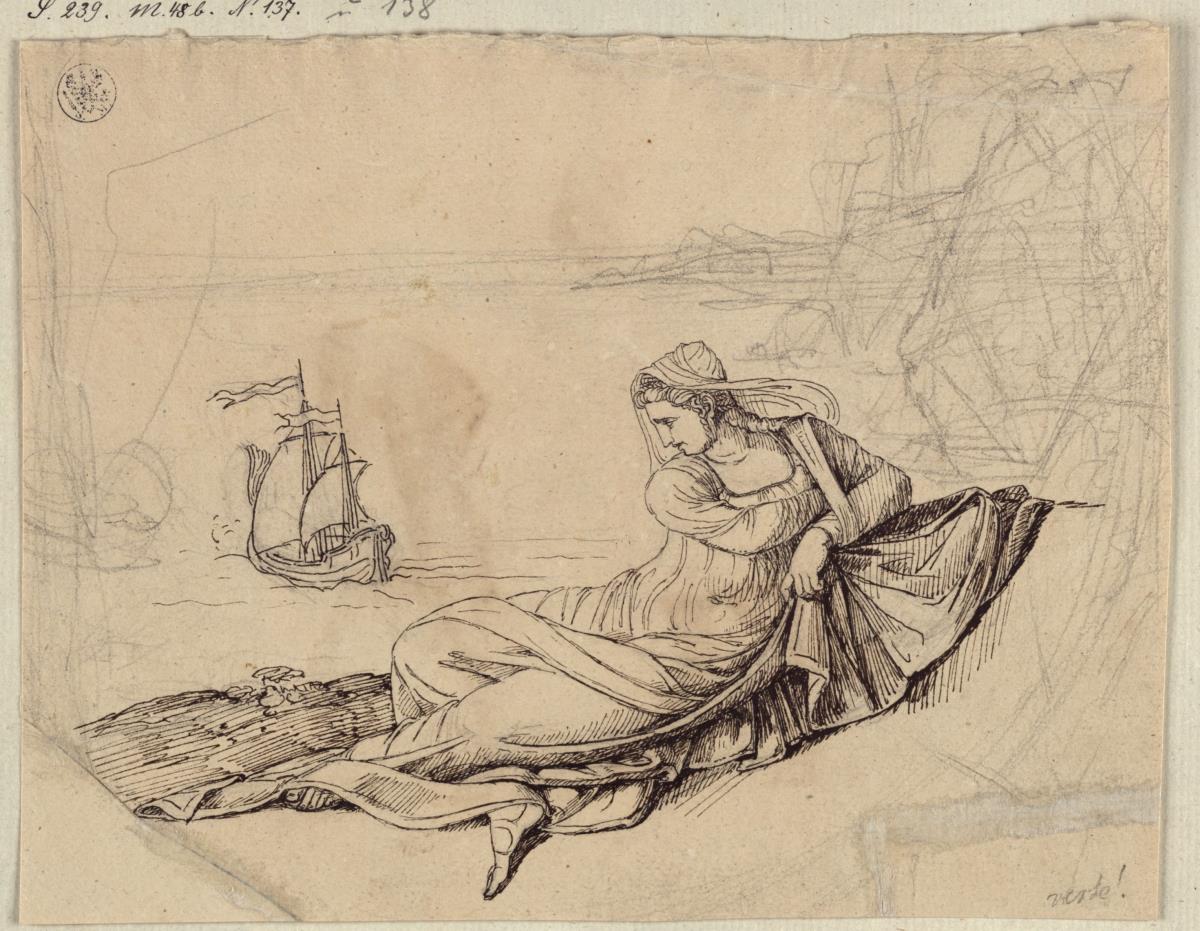 Ariadne mit dem segelndem Schiff des Theseus im Hintergrund