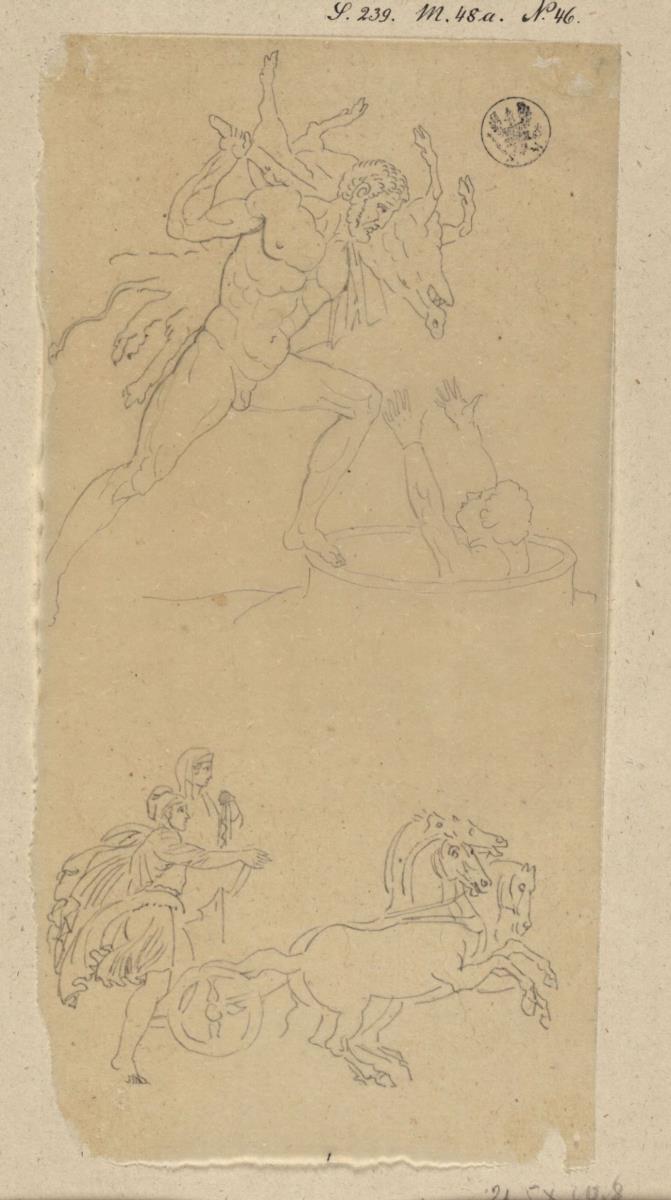 Herkules bringt König Eurystheus von Mykene, der sich in einem Fass versteckt hat, den erymanthischen Eber & Die Entführung der Helena (?). Zeichnungen nach der Antike