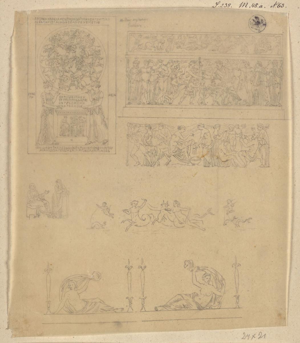 Nach "Millins Mythologie": Antiker Denkstein (?) & Sarkophag mit Deckel: Dionysos und Ariadne (Casali-Sarkophag) & Dionysos-Sarkophag ohne Deckel: Die Pflege des Dionysos durch die Nymphen von Nysa & Zwei Gewandfiguren: älterer Mann und junge Frau im Gespräch & Zwei lagernde weibliche Gestalten. Zeichnungen nach der Antilke