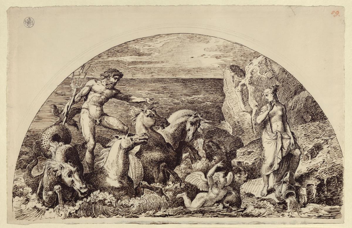 Neptun auf seinem Gespann, vorn engel, rechts weibliche Gestalt