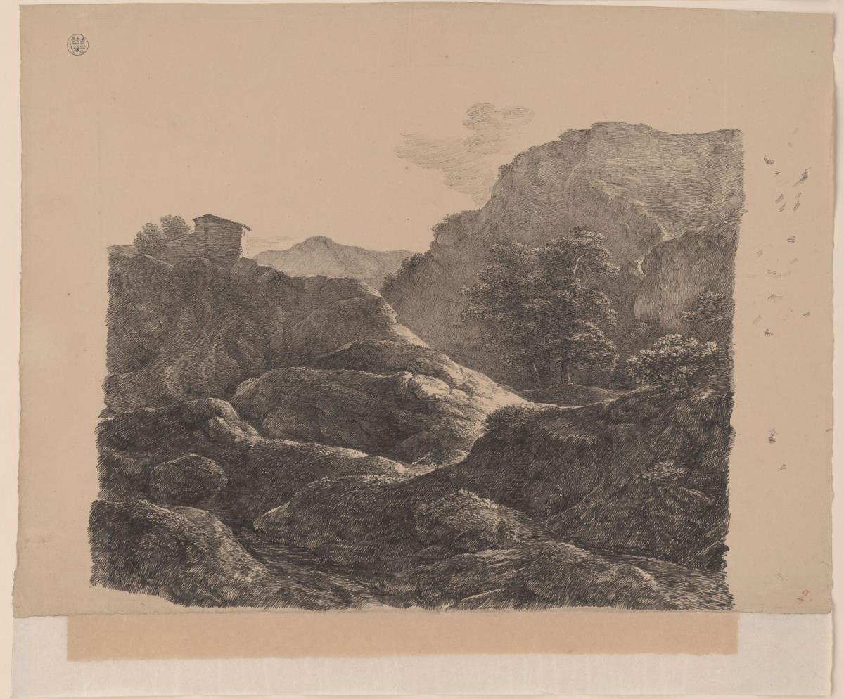 Gebirgslandschaft mit kahlen Felsen, links eine Hütte