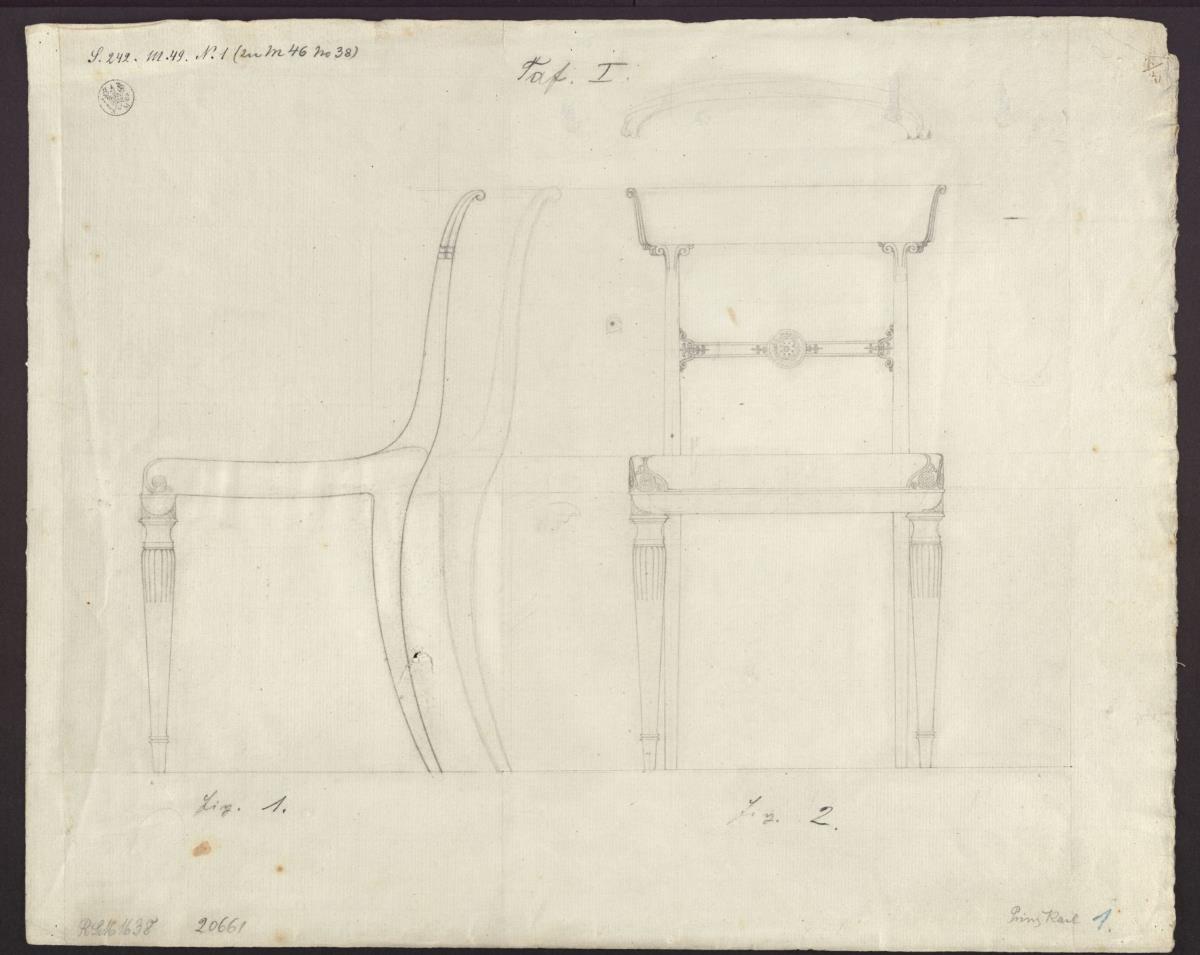 Berlin, Wilhelmplatz. Palais des Prinzen Karl von Preußen, Arbeitszimmer. Entwurf zu einem Stuhl