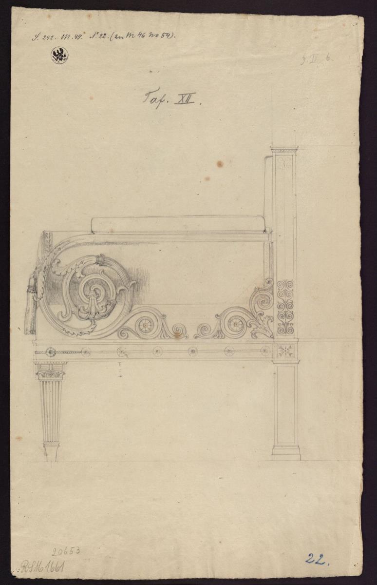 Berlin, Wilhelmstraße 102. Palais des Prinzen Albrecht von Preußen. Entwurf zu einem Sofa