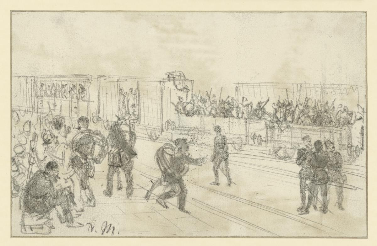 Militärtransport auf der Eisenbahn, vorn Soldatengruppen